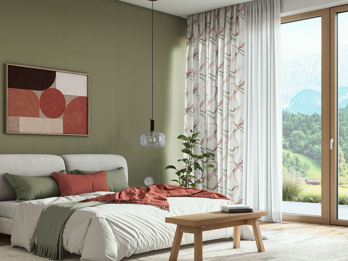 Stoff Ginella. Ein Bild, das Vorhang, in einem Schlafzimmer mit Bett und einer grünen Wandfarbe enthält.